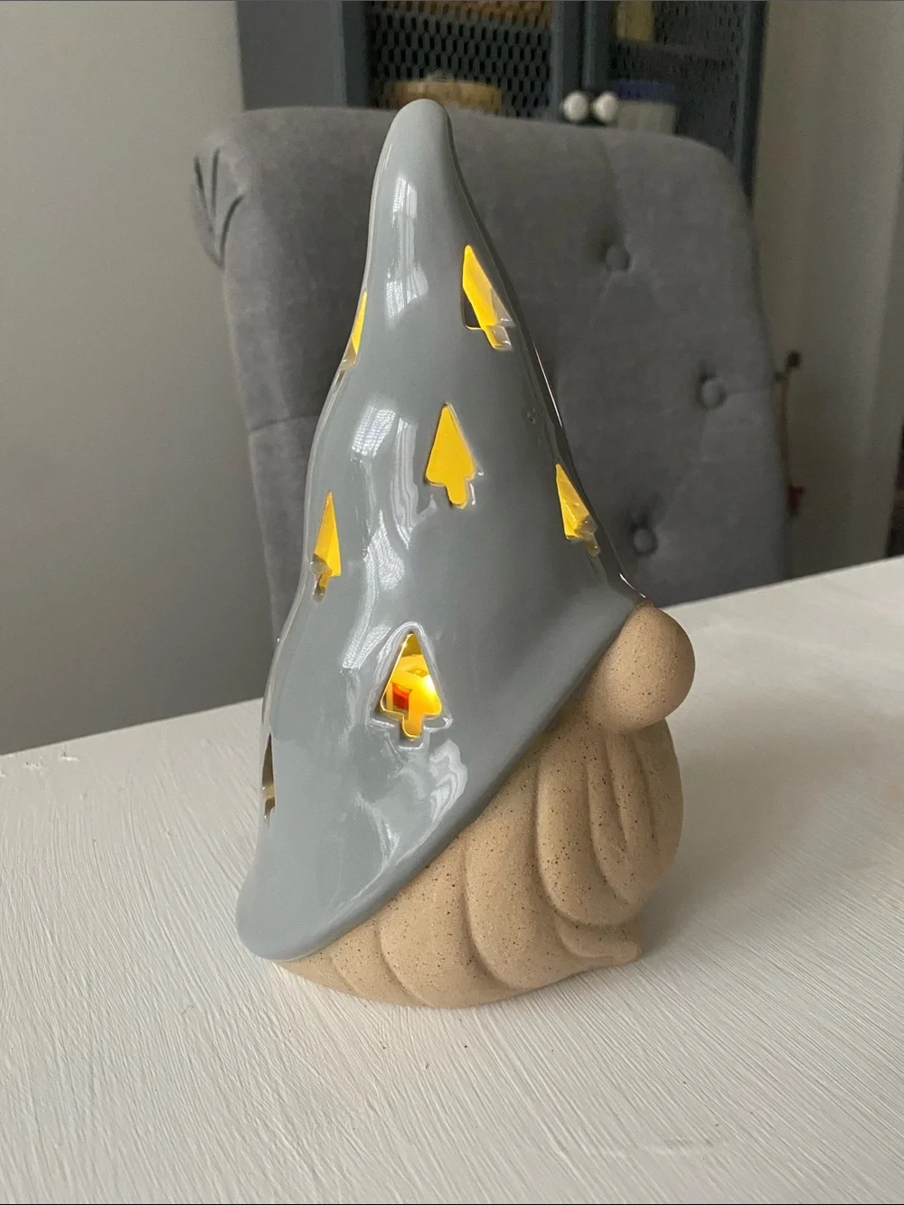 Ceramic Gnome Figurine Lantern - Gray Hat, Sand Beard - Christmas Light